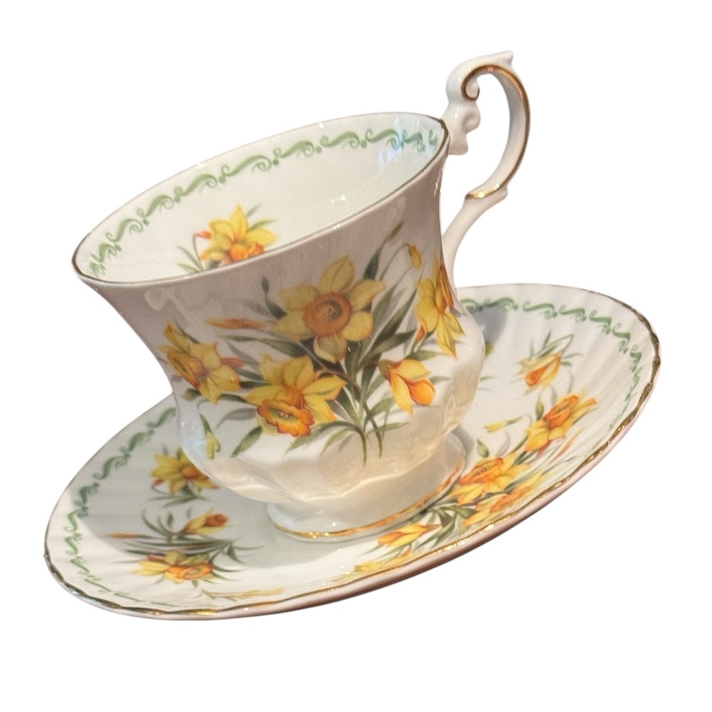 Queens Rosina Tea Cup and Saucer Yellow Daffodil Floral Tea Cups Vintage